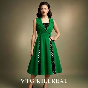 Killreal, Fantastic Emerald Polka-Dot Fit & Flare Cotton Dress EUC Size M